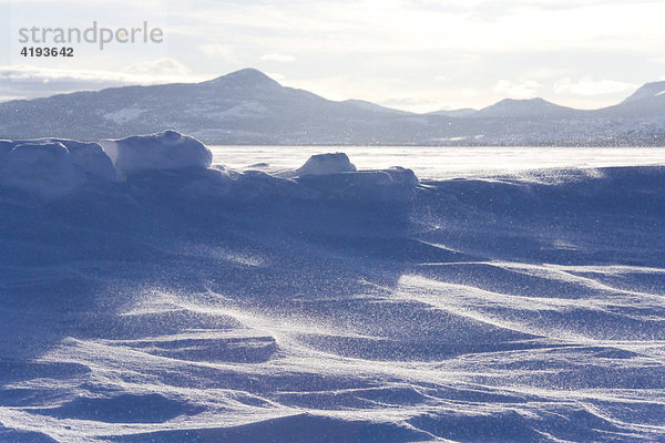Wind treibt Schneekristalle  Schneewehen  Berge  Lake Laberge  Yukon Territorium  Kanada
