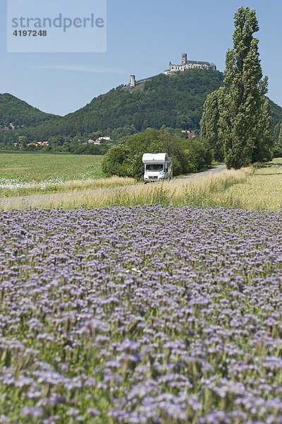 Wohnmobil auf Strasse  Burg Bezdez  Burg Bösig  Tschechien