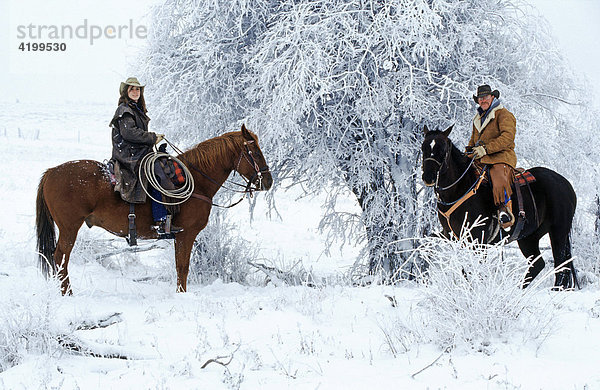 Cowgirl und Cowboy überblicken auf Pferden  Kanada