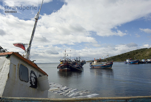 Fischerboote und Konterfei von Che Guevara im Hafen von Puerto Hombre  Patagonien  Chile  Südamerika