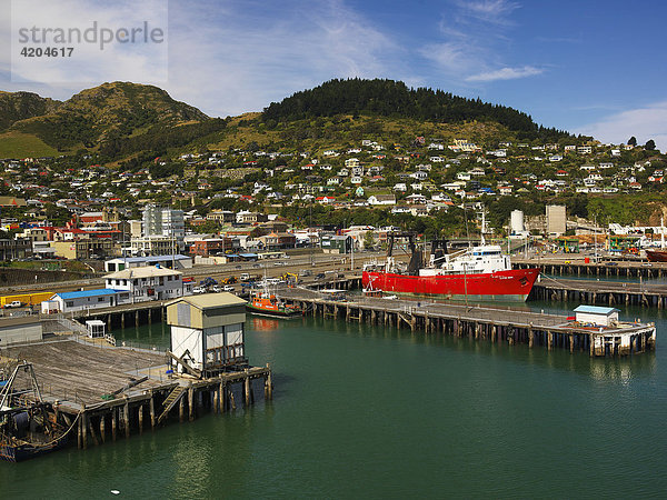 Blick vom Eisbrecher Kapitan Khlebnikov im Hafen von Lyttelton bei Christchurch  Neuseeland