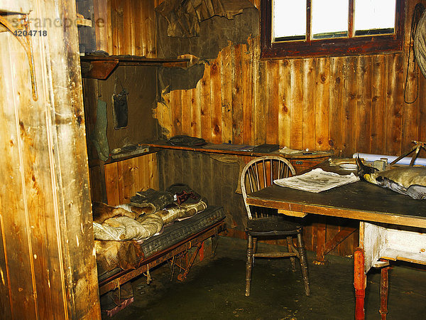 Scott's Hut  Innenansicht  Bett mit Kartentisch von Scott  am Cape Evans auf Ross Island  Antarktis