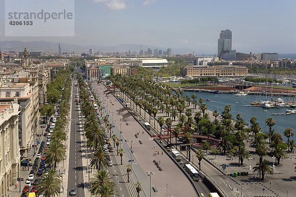 Blick auf die Moll de la fusta mit Hafen  Barcelona  Katalonien  Spanien