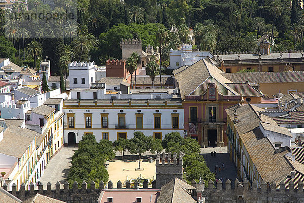 Blick vom Turm der Kathedrale auf die Altstadt mit Patio de las Banderas  Alcazar    Sevilla  Andalusien  Spanien