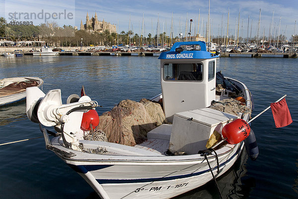 Fischerboote im Fischereihafen und hinten die Kathedrale La Seu  Palma  Mallorca  Balearen  Spanien