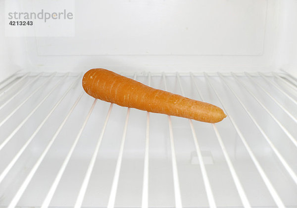 Einzelne Karotte im Kühlschrank im Regal sitzend