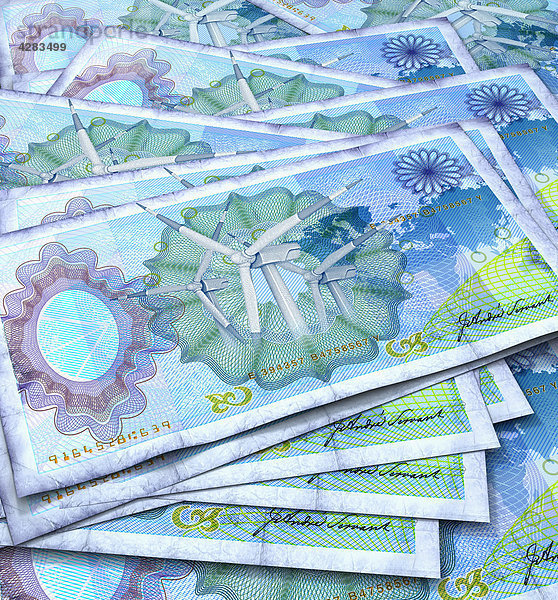 Blaue Geldscheine mit Windrädern
