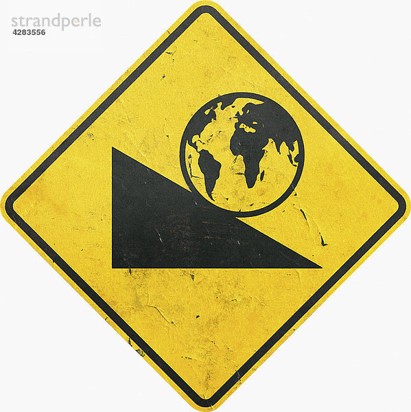 Gelbes Warnschild mit abwärts rollendem Globus