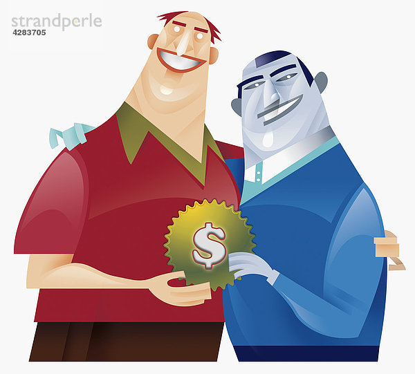 Zwei Männer halten Zahnrad mit Dollarsymbol