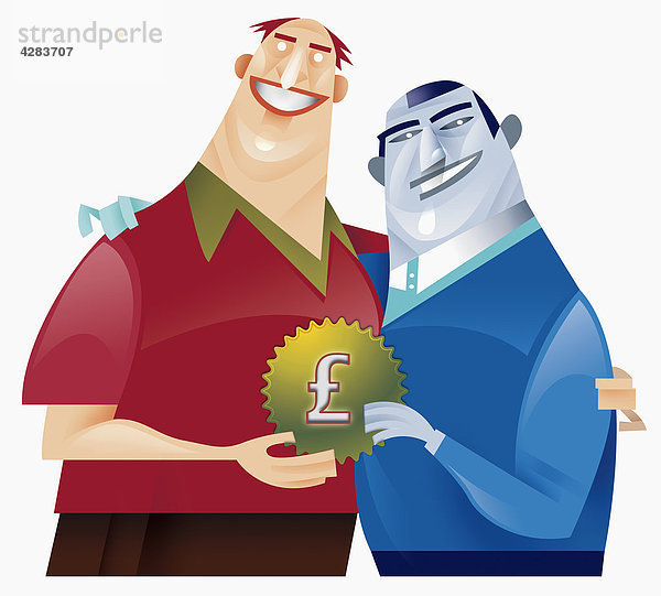 Zwei Männer halten Zahnrad mit Pfundsymbol