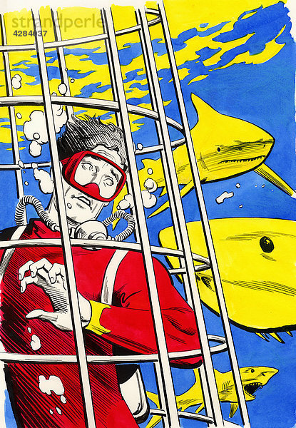 Sporttaucher in einem Käfig umgeben von Haien