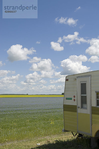 Camper Trailer geparkt auf Seite der Alfalfa und Raps-Feld in der Nähe von Winnipeg  Manitoba  Kanada