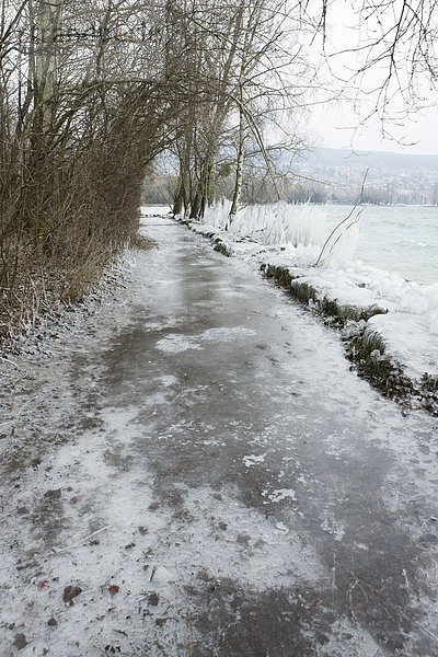 Eisbedeckter Weg entlang des Wasserrandes