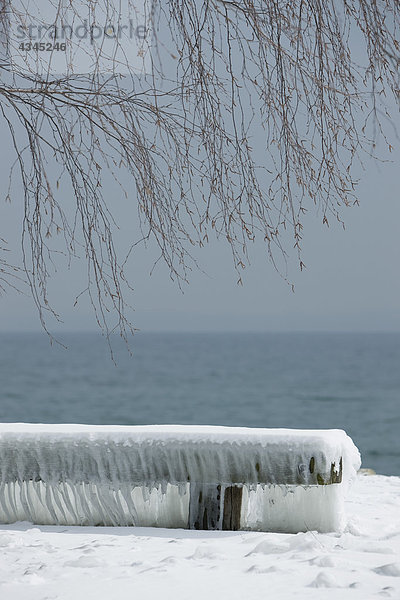 Schneebedeckte Bank am Wasserrand