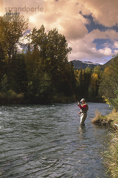 Mann steht in der Wasser-Fliegenfischen in Quartz Creek Alaska