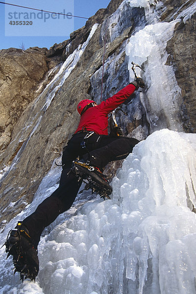 Männlich Eiskletterer mit Eispickel gefrorenen Wasserfall auf Turnagain Arm Chugach CT SC Alaska Klettern