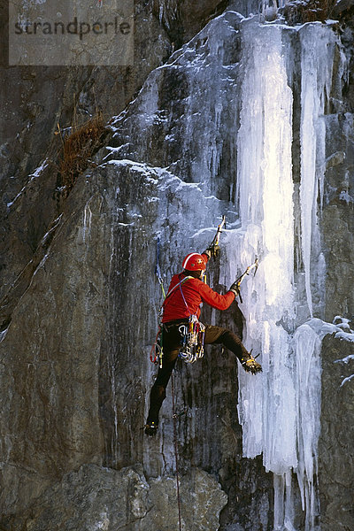 Männlich Eiskletterer mit Eispickel gefrorenen Wasserfall auf Turnagain Arm Chugach CT SC Alaska Klettern