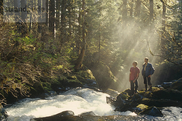 Wanderer geniessen Kühlung Nebel entlang Stream SE AK Sommer Tongass NF