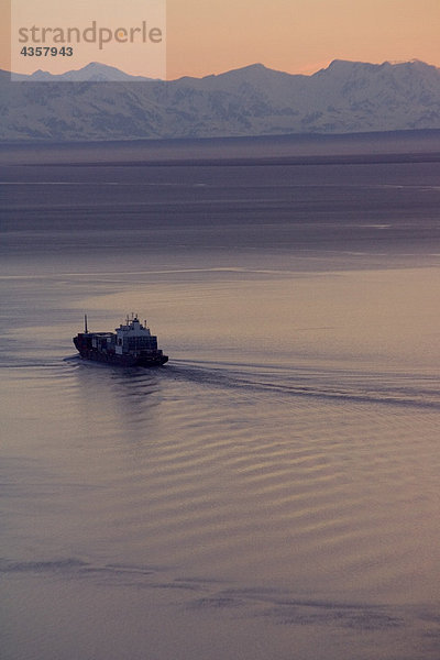 Hafen Sonnenuntergang Schiff Koch Fernsehantenne Alaska Anchorage Container Meeresarm verlassen