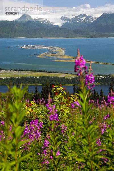 Szenische Ansicht mit Blick auf die Homer Spit  Kachemak Bay und den Kenai Mountains des Kachemak Bay State Park in South Central Alaska im Sommer