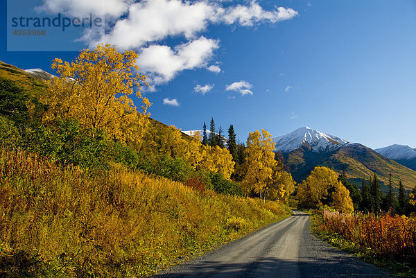 Herbstfarben und snowcapped Spitzen entlang der Straße Palmer Creek in der Nähe von Hope in den Chugach National Forest auf der Kenai-Halbinsel in South Central Alaska.