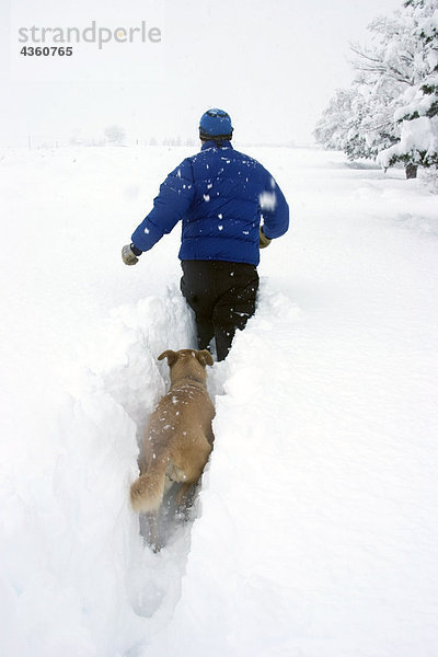 Mann Breaking Trail durch Schnee mit Hund nach hinter in der Nähe von Bischof California