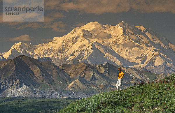 Man wandern auf Tundra w/Mt McKinley Denali NP im AK Sommer