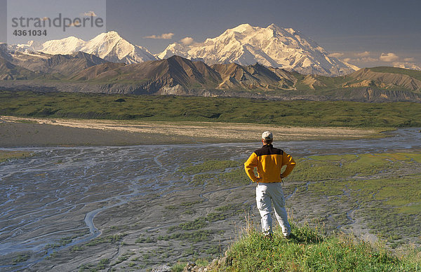 Man wandern auf Tundra w/Mt McKinley Denali NP im AK Sommer