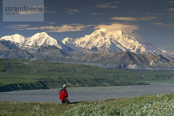 Man wandern auf Tundra w/Mt McKinley Denali NP im AK Sommer