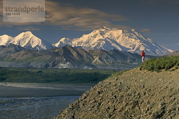 Man wandern auf Tundra w/Mt McKinley Denali NP im AK Sommer