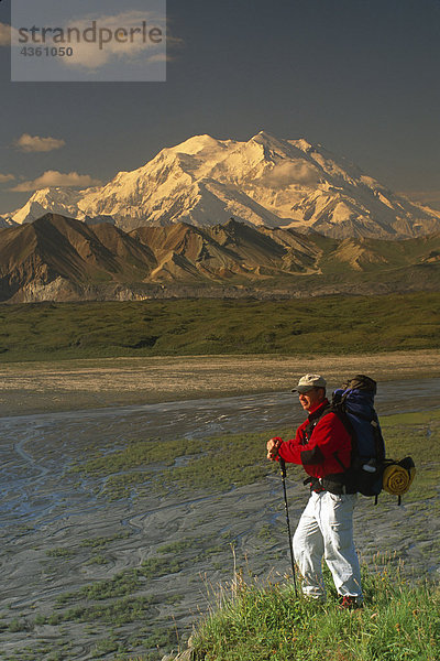 Man wandern auf Tundra w/Mt McKinley Denali NP im AK Sommer