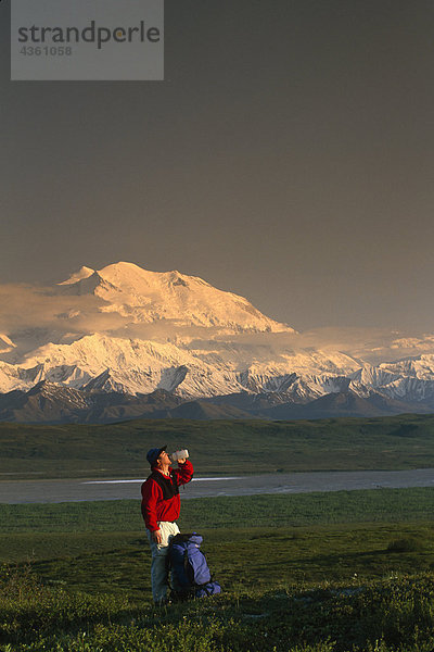 Man wandern auf Tundra w/Mt McKinley Denali NP im AK Sommer