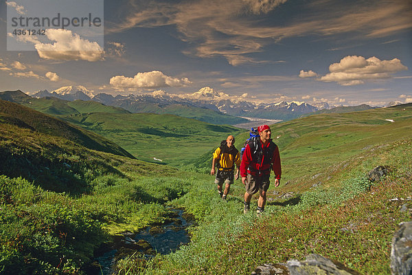 Wanderer auf Tundra im Denali State Park SC Alaska Sommer w/Mt McKinley Hintergrund