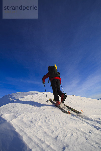 Mann Skitour bis ein eisiger Ridge in der Nähe der Wrangell Peak  Tongass National Forest  südöstlichen Alaska  Winter