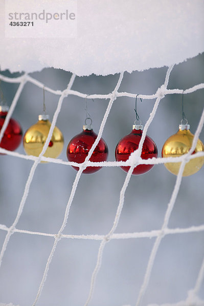 Christmas Ornaments hanging on net Matanuska Valley South Central Alaska Winter