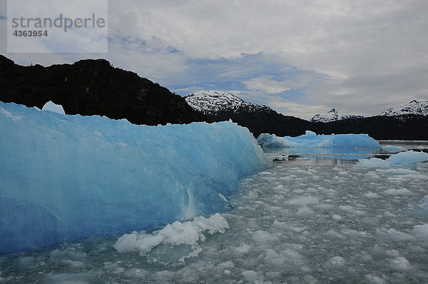 Ein großer Eisberg driftet vom Chenega Gletscher entfernt an einem bewölkten Tag  Prince William Sound  Kenai-Halbinsel  South Central Alaska  Sommer