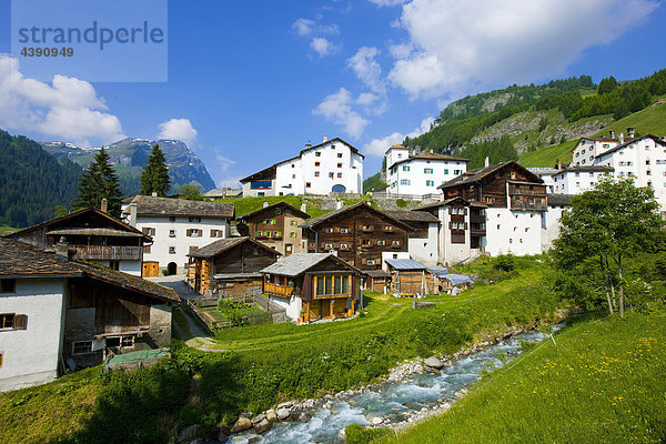 Splügen  Switzerland  Europe  canton Graubünden  Grisons  village  houses  homes  brook Kanton Graubünden