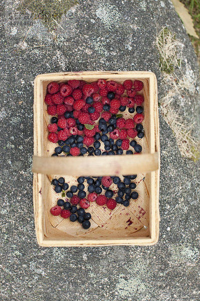 Himbeeren und Heidelbeeren im Korb