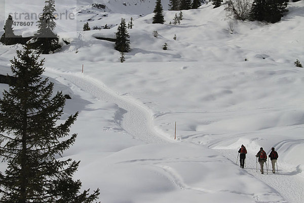 Wanderer wandern durch eine verschneite Landschaft