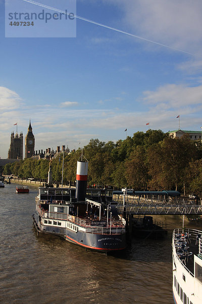 bauen Großbritannien Gebäude London Hauptstadt Reise Brücke fließen Fluss Themse Schiff Westminster Big Ben England Tourismus