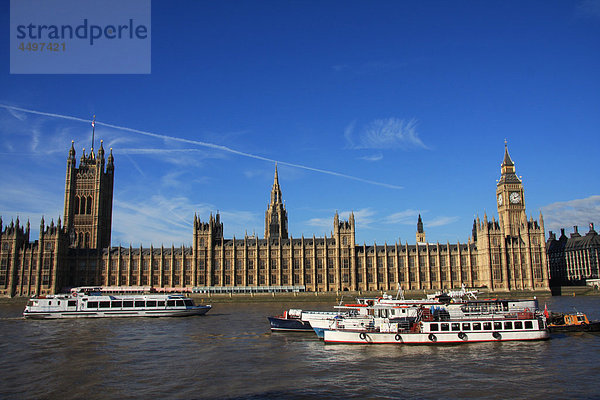 Großbritannien London Hauptstadt Reise Boot Uhr Themse Parlamentsgebäude Westminster Omnibus Sehenswürdigkeit Big Ben England Tourismus Schiffswache