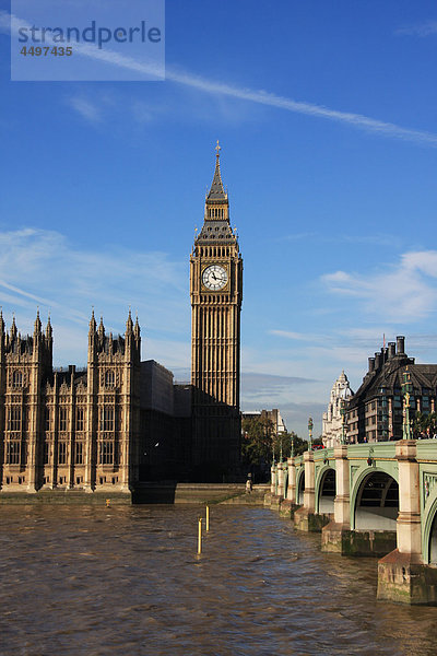 Großbritannien London Hauptstadt Reise Brücke Uhr Themse Parlamentsgebäude Westminster Omnibus Sehenswürdigkeit Big Ben England Tourismus Schiffswache