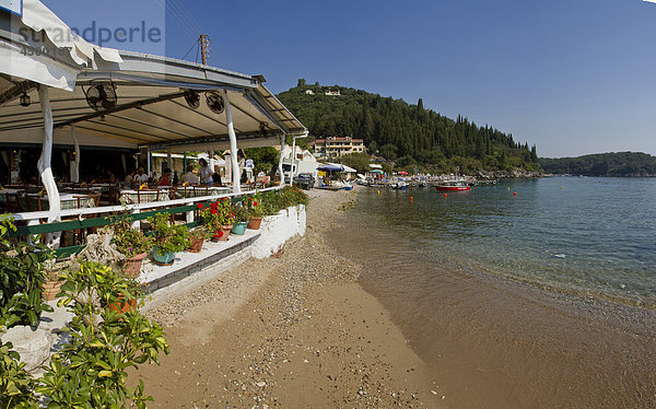 Strand  Agni  Corfu  Europa  Griechenland  Landschaft  Wasser  Sommer  Strand  Meer  outdoor-Café