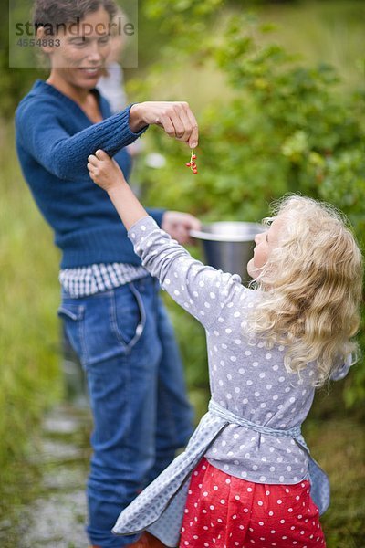 Mutter Mädchen Rote Johannisbeere einzuräumen