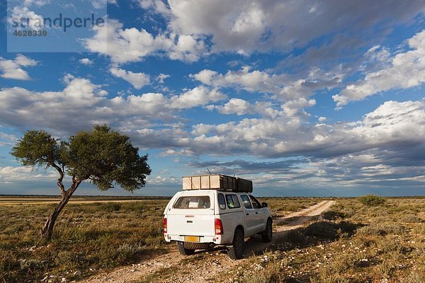 Afrika  Botswana  Mabuasehube  Blick auf 4x4 Fahrzeug in der Kalahari
