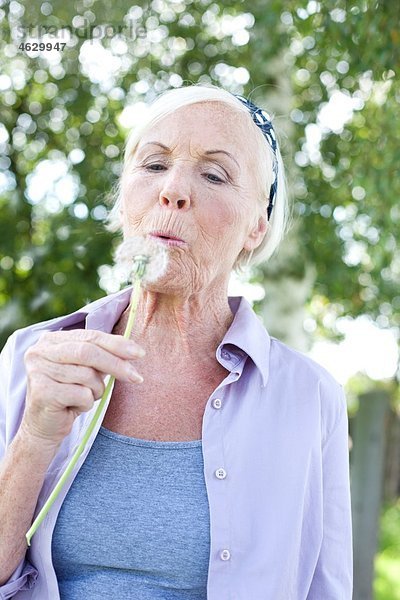 Seniorenfrau bläst Löwenzahnblume