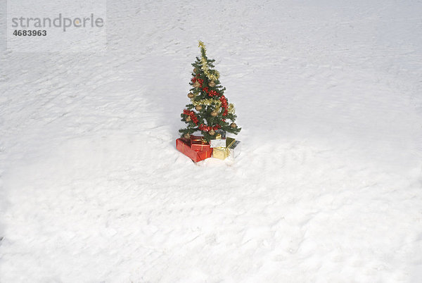 Weihnachtsbaum und Geschenke im Schnee