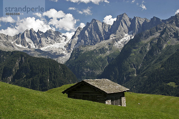 Heustadel  Alpwiesen  Piz Badile  Sciora  Pic Cengalo  Bondasca Berge  Bergell  Graubünden  Schweiz  Europa
