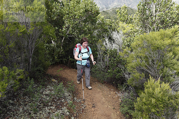 Wandernde Frau auf Waldweg bei Vallehermoso  La Gomera  Kanaren  Spanien  Europa Insel La Gomera