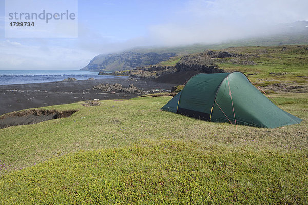 Einsames Zelt auf einer Wiese im Morgennebel  Osthöfn  Heradsfloi  Greenland Sea  Atlantikküste  Island  Europa